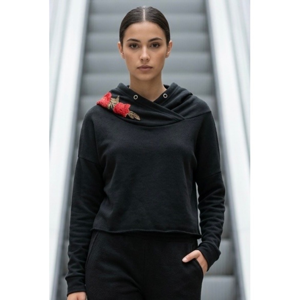 Black Cropped Hoodie Red Rose Floral Embroidered Hood S Y2K Grunge Goth Festival